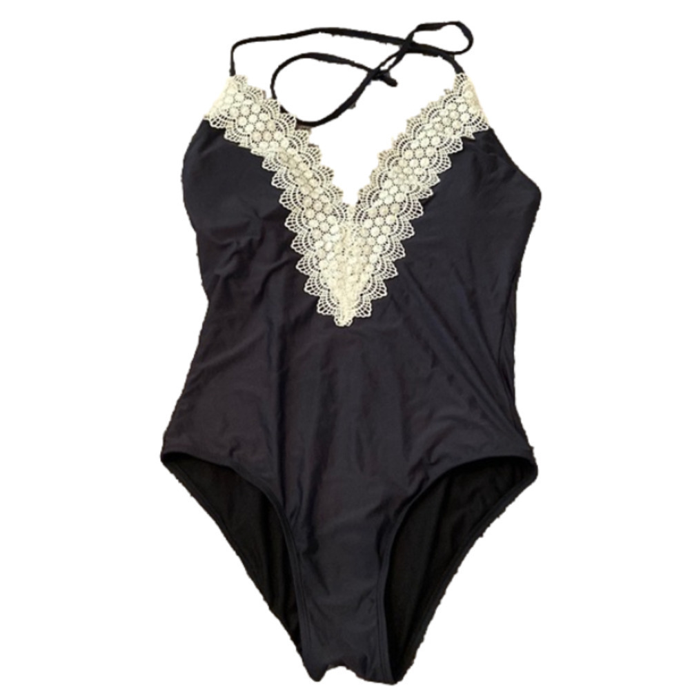 Sea Angel Black Tie Neck Lace Trim One Piece Swimsuit